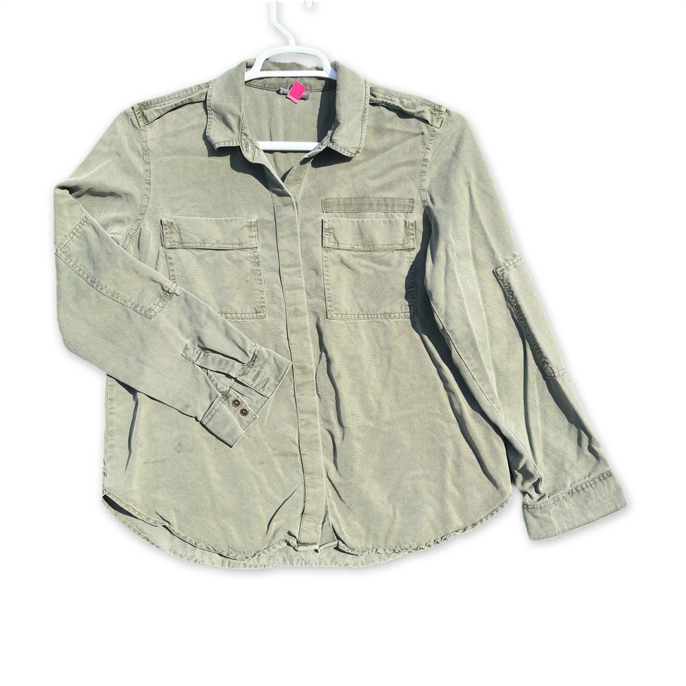 Vince Camuto Utility Shirt Women Medium Olive Green Button Up Long Sleeve Jacket